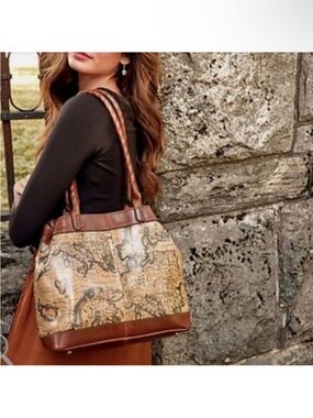 Patricia Nash Brown Map-Print Leather Trim Tote